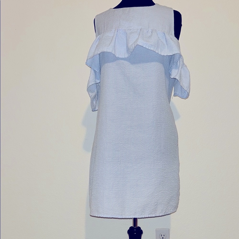 Blue Gingham Off-Shoulder Ruffle Dress - Picture 2 of 6